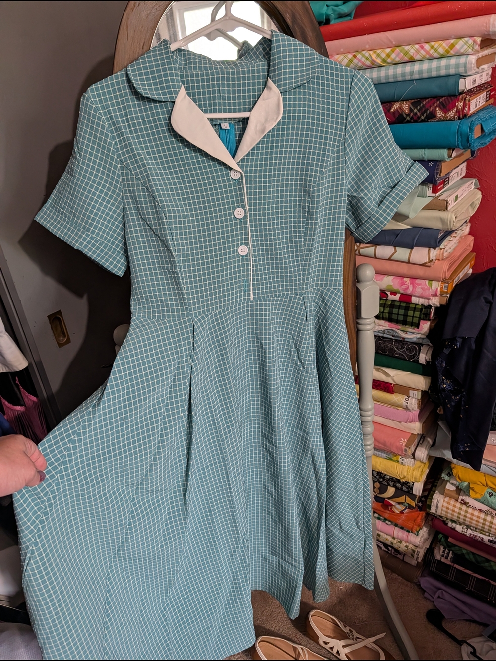 Teal Gingham Fit-and-Flare Dress with White Collar